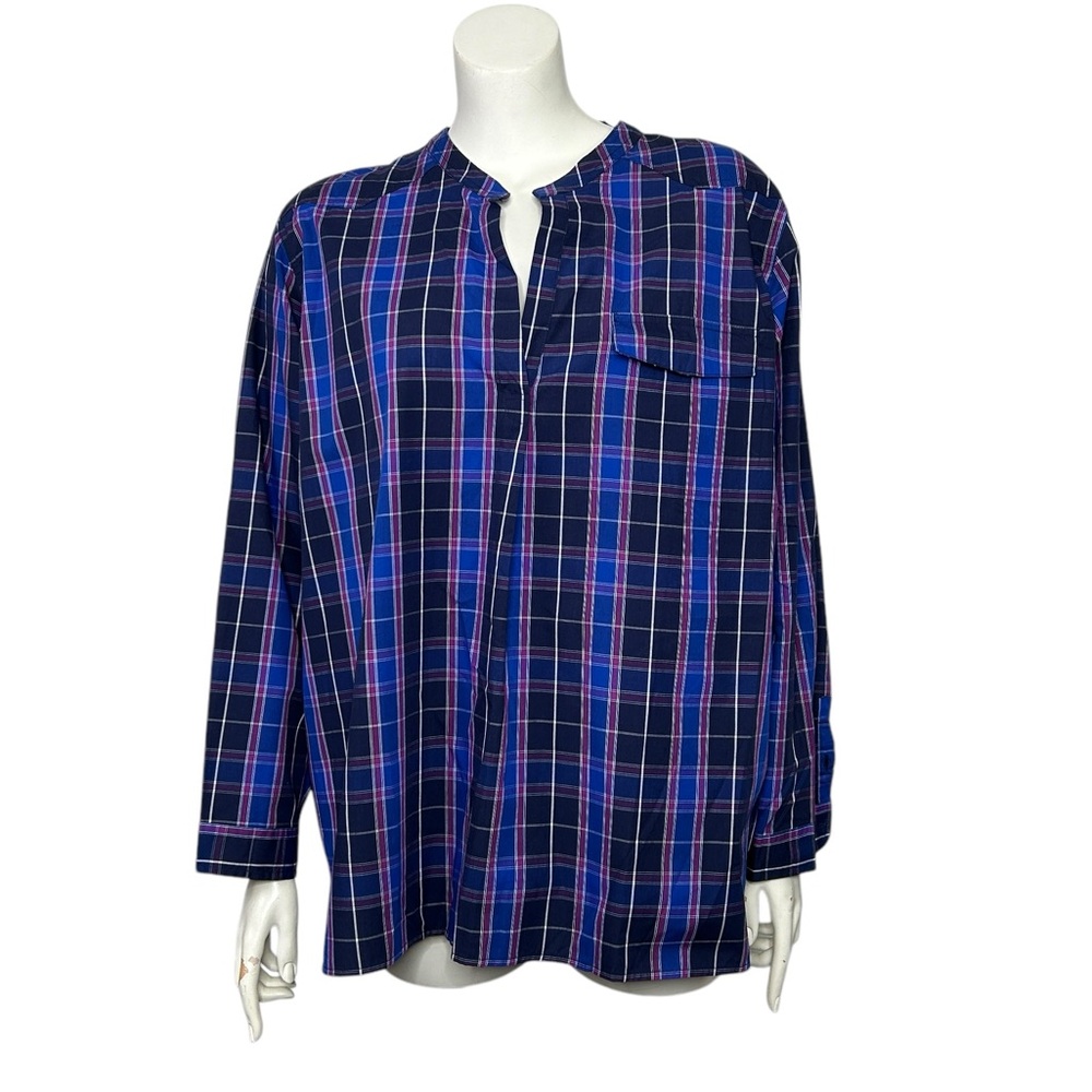 Woman Within Top 2X Blue & Black Plaid Long Sleeve Shirt